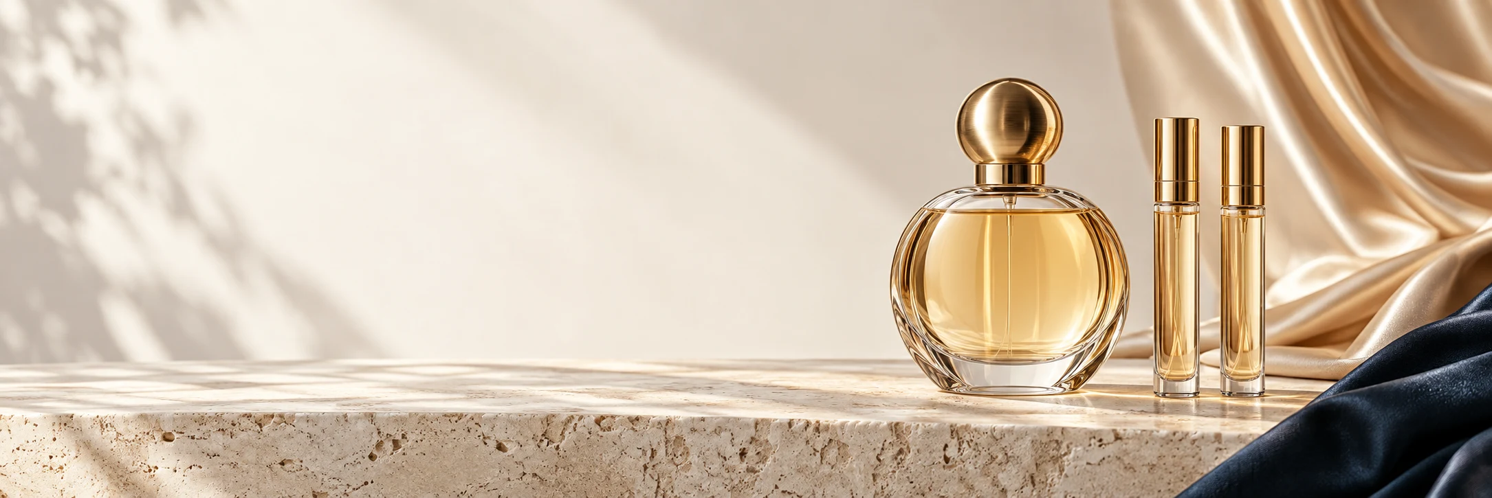 Frasco de perfume e decantes dourados sobre pedra clara e seda champagne.